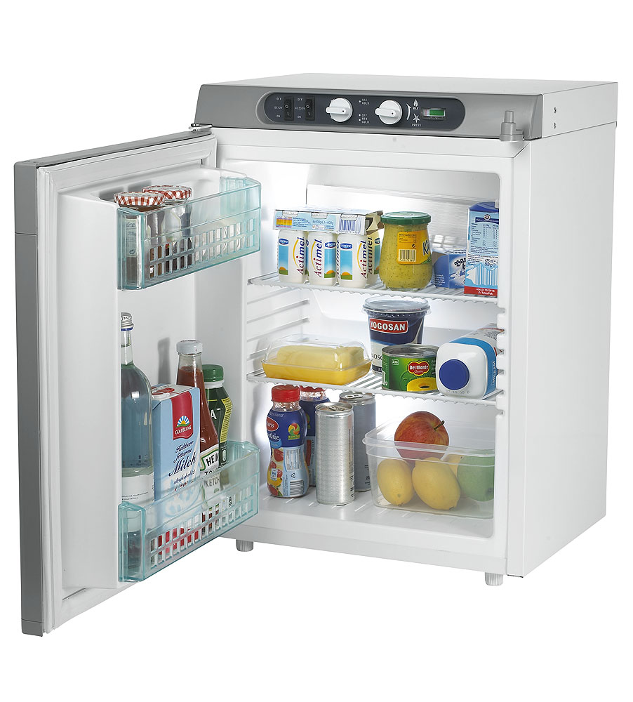 an open camping absorption fridge stocked with food and drinks