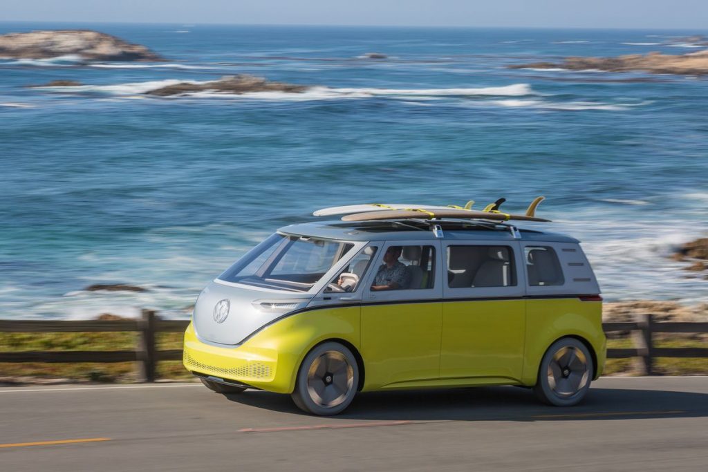 a yellow and silver volkswagen ID Buzz electric campervan