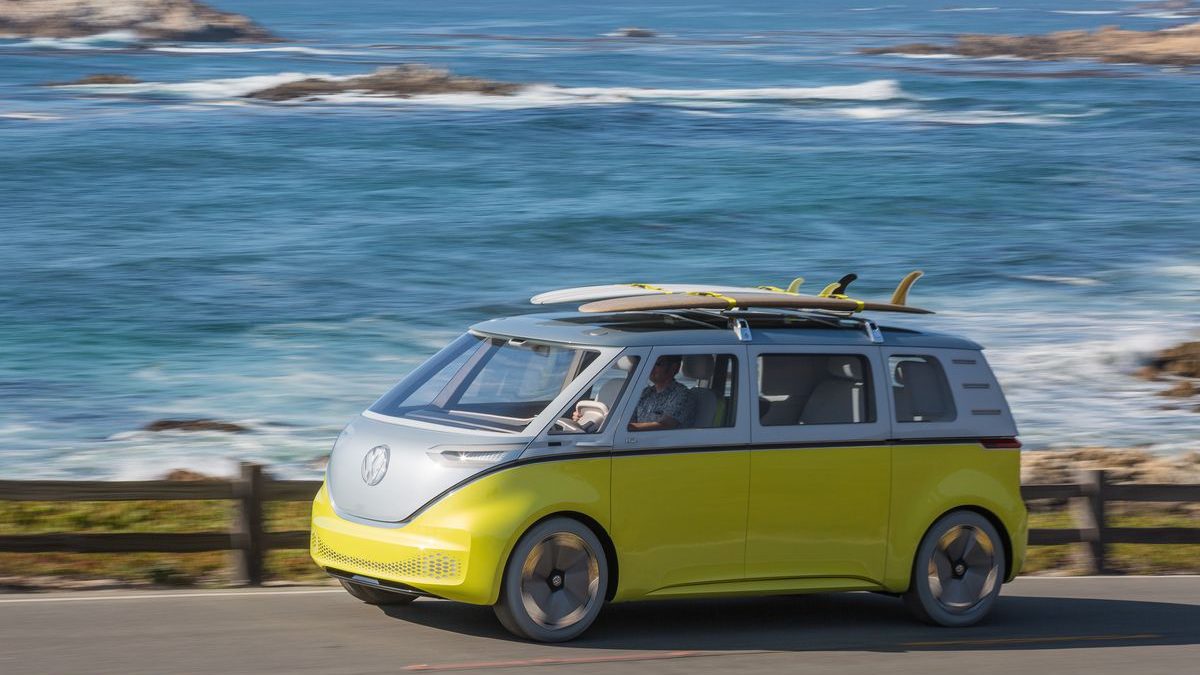 a yellow and silver volkswagen electric campervan