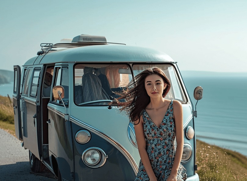 lady standing in front of her restored vw campervan