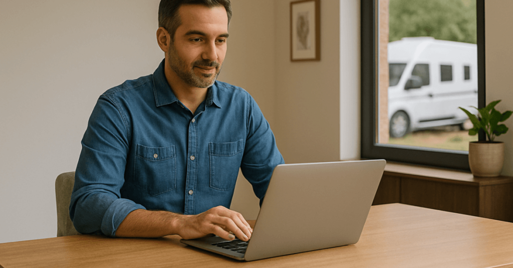 man at desk with campervan in background